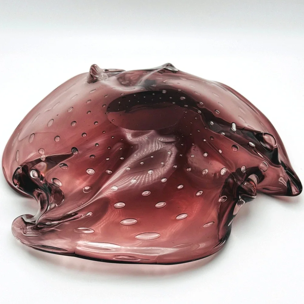 Vintage Amethyst Bullicante Art Glass Bowl Murano Style Controlled Bubble Dish